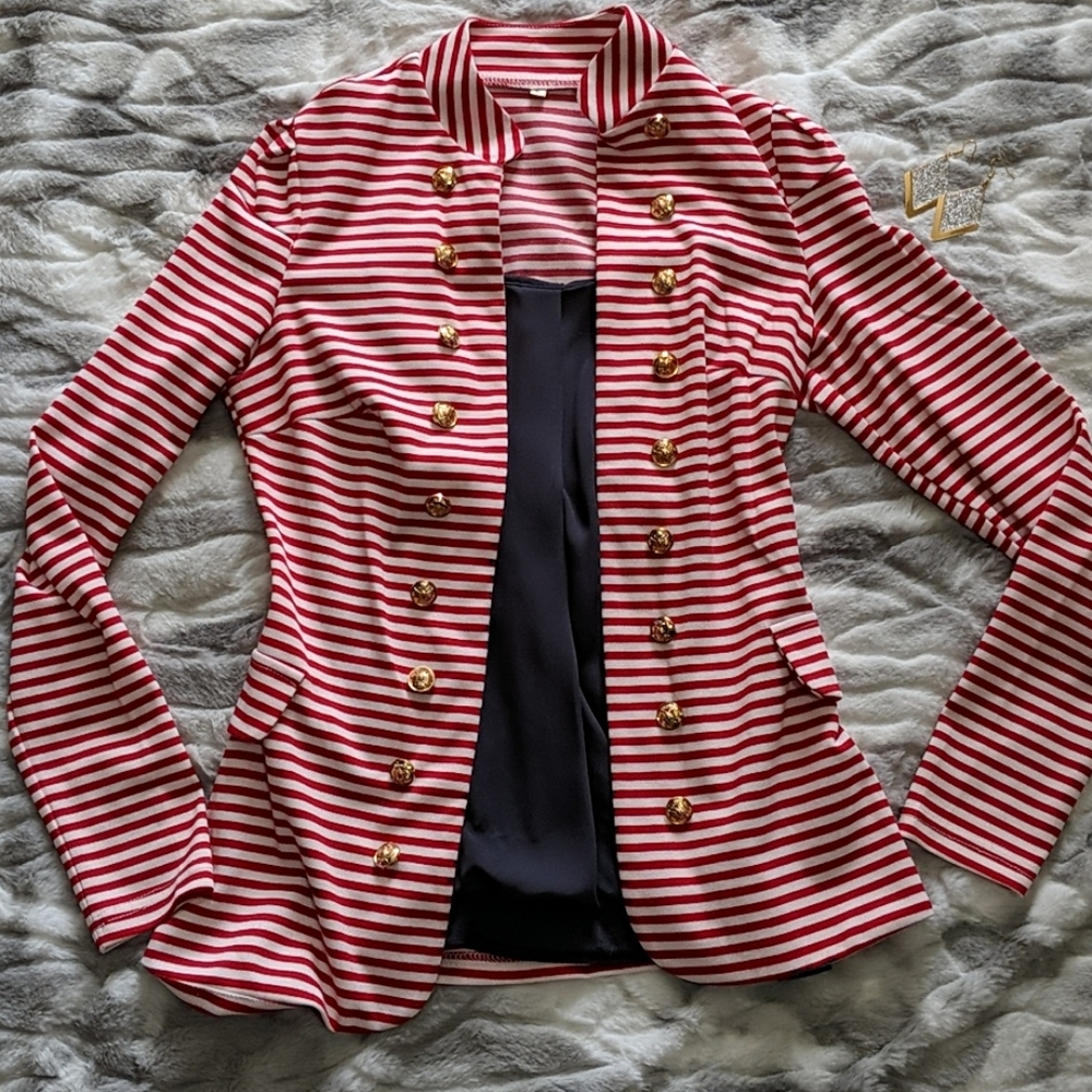 Red and White Striped Jacket with Gold Buttons